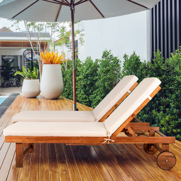 Seabrook Outdoor Acacia Wood Lounger with Cushion, 5-Position Back, Slide Table & Wheels - JONATHAN Y
